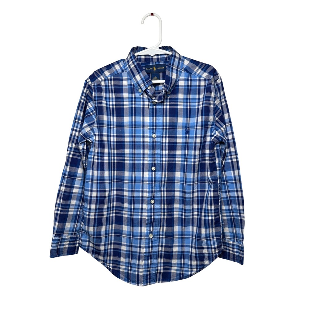 Ralph Lauren Boys Blue White Plaid Cotton Button Down Shirt Size 7 Long Sleeve